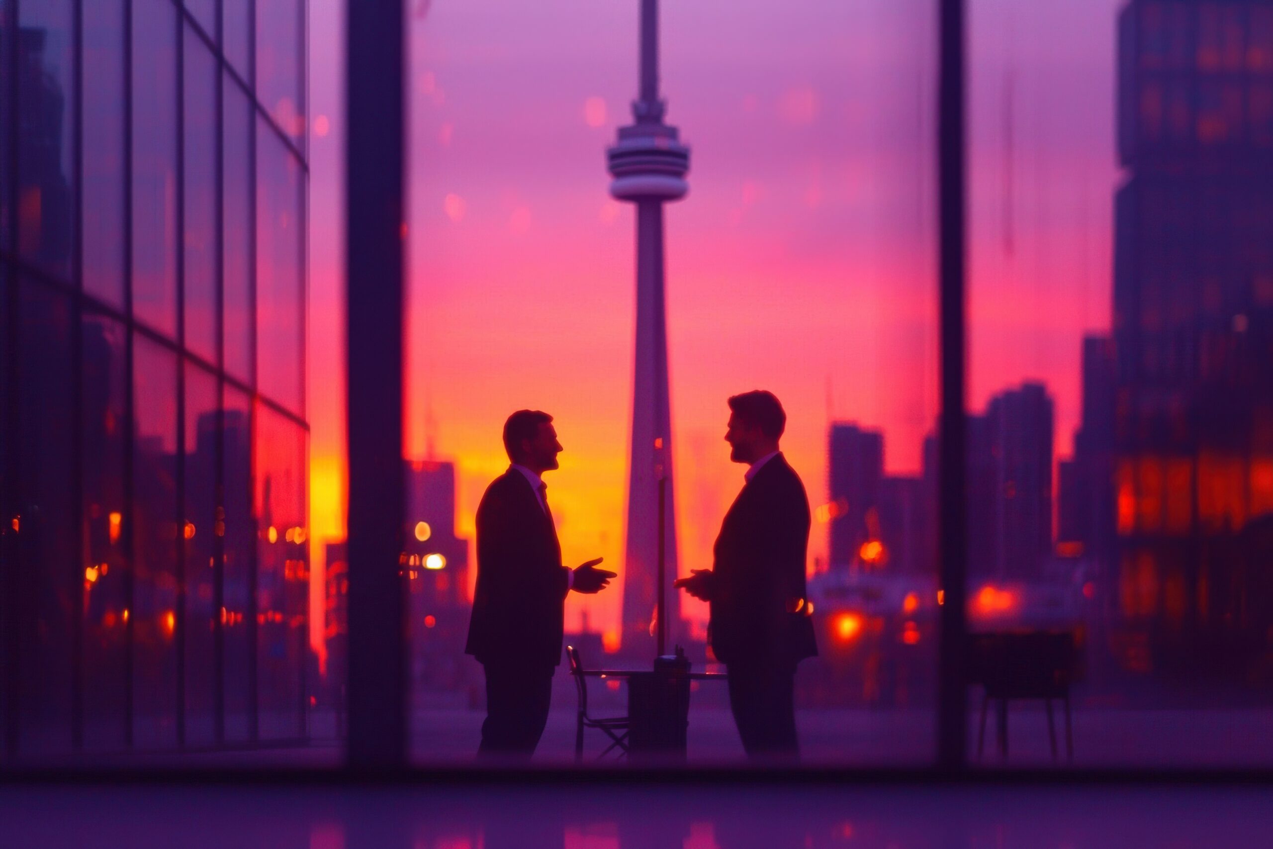 Business discussion at sunset toronto silhouetted people urban environment professional viewpoint connection Business discussion at sunset toronto silhouetted people urban environment professional viewpoint connection