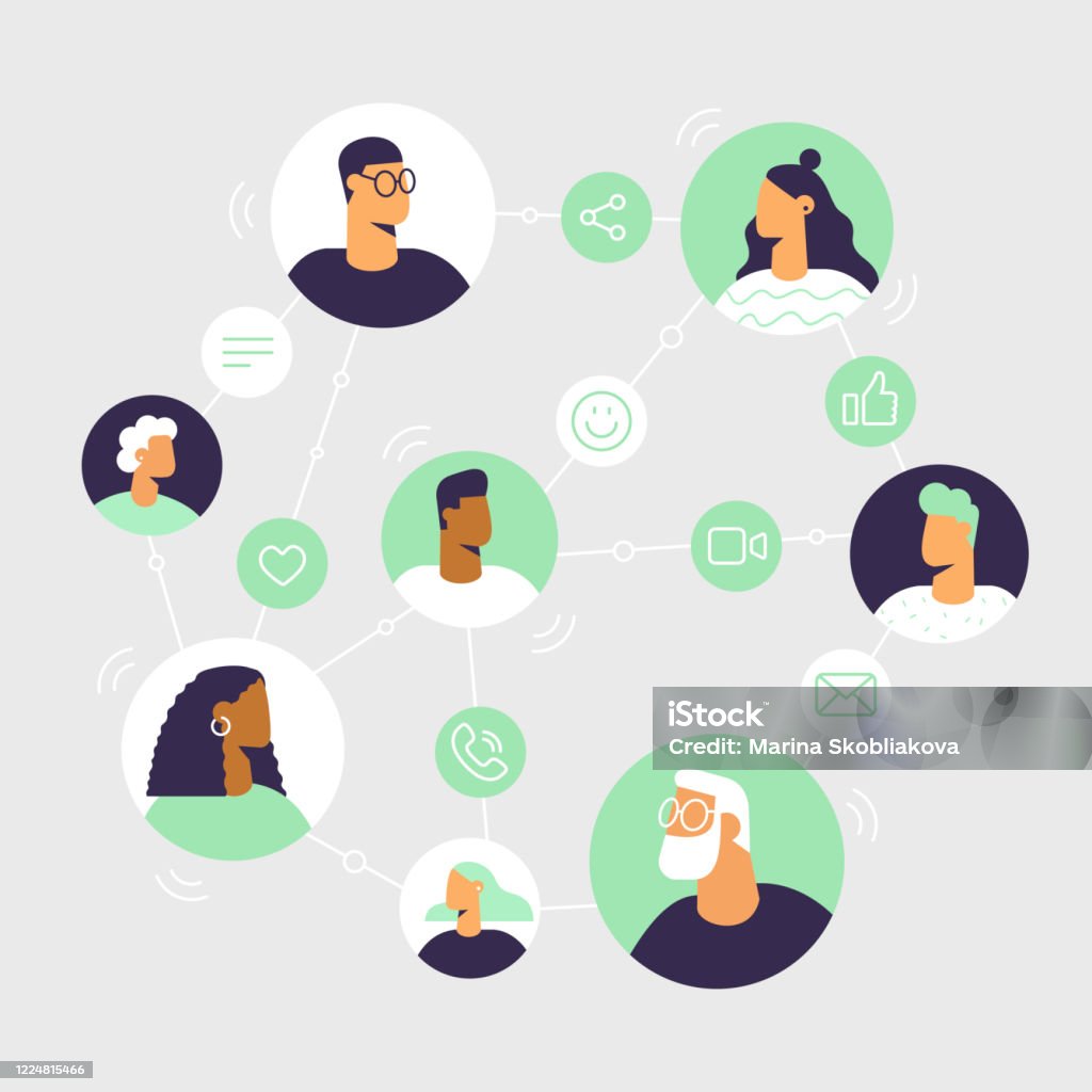istockphoto-1224815466-1024x1024 People and internet networks. Online chat and video call between friends and family. Avatars in a circle. Social line icons: call, emoji, message, share, like. Vector illustration in flat design