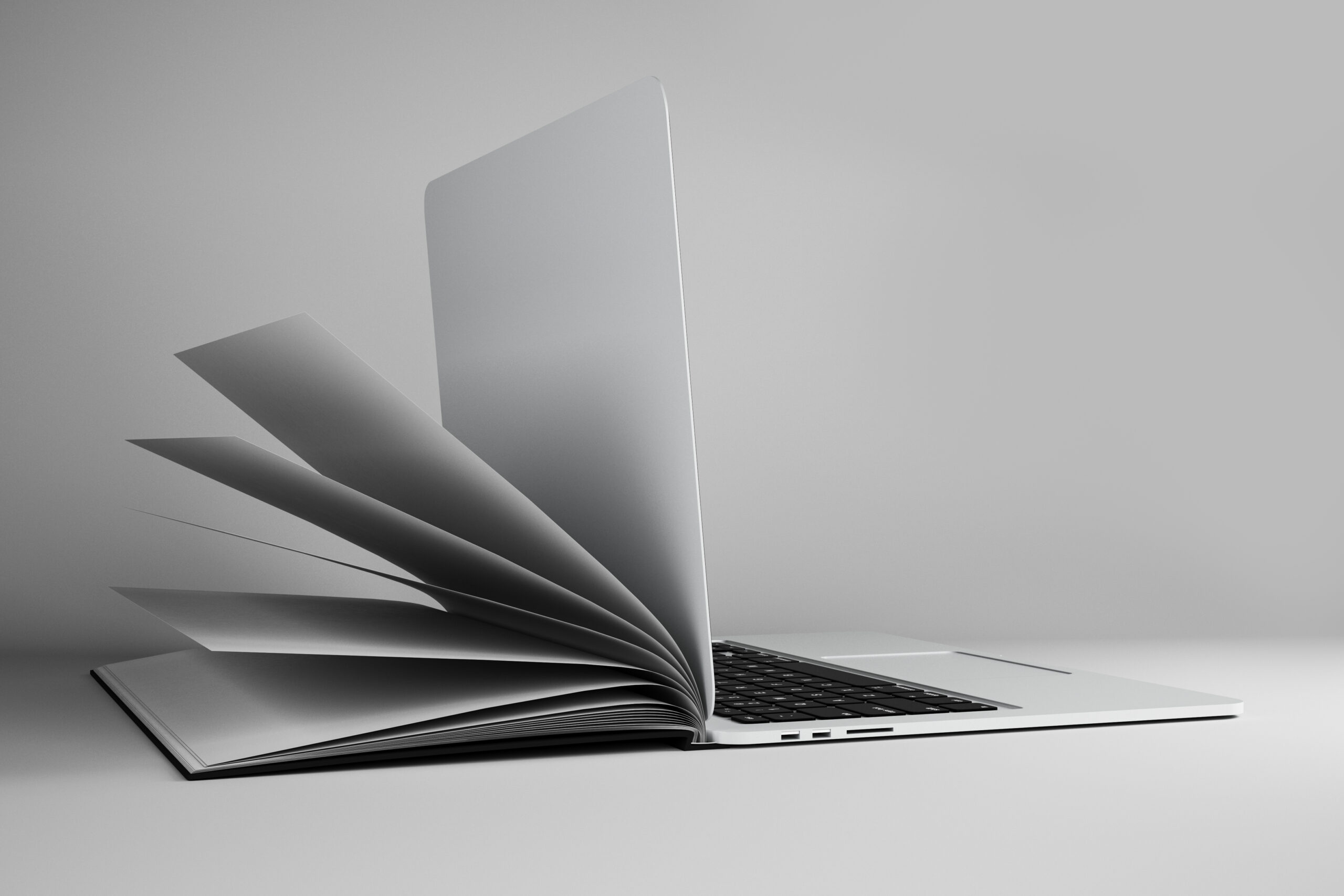 Abstract open book notebook on subtle background with copy space. Mock up, Online education and webinar concept. Mock up, 3D Rendering